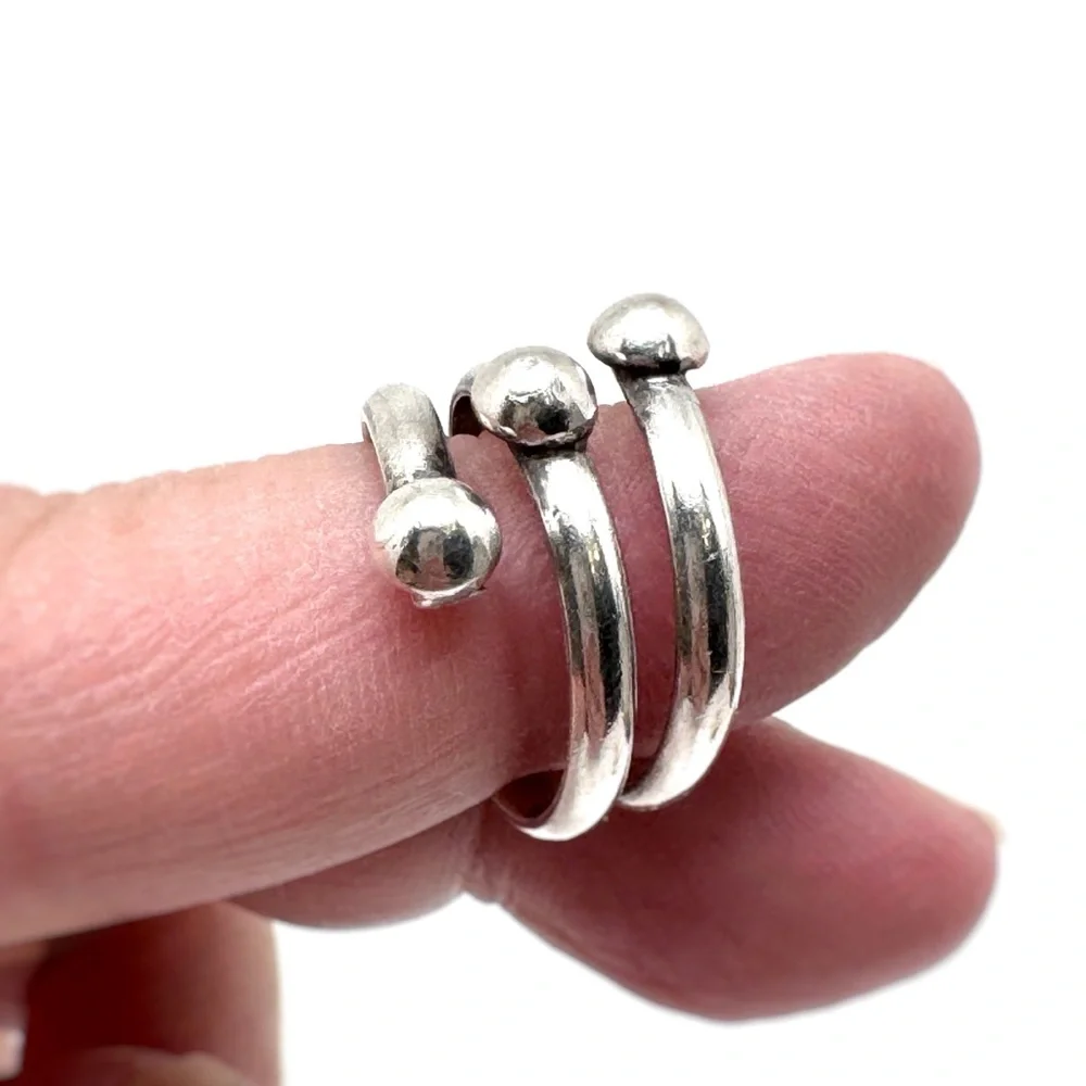 Vintage Sterling Silver Triple Beaded Wrap Bypass Ring Size 7 1/2